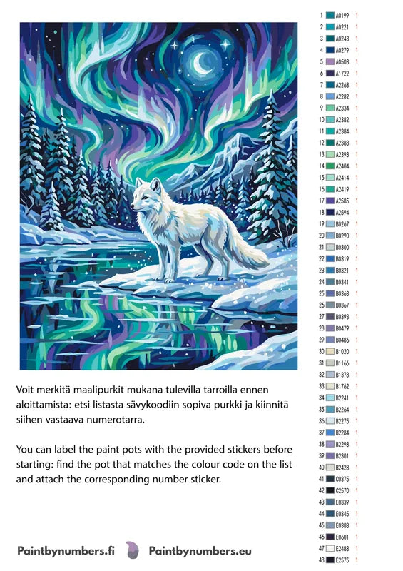 Paint color chart and instructions - Arctic Fox and Northern Lights 40x50cm