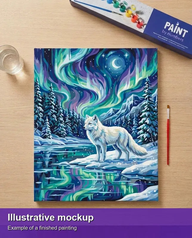 Finished paint by numbers mockup - Arctic Fox and Northern Lights 40x50cm
