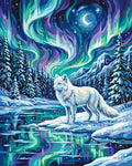 Thumbnail for White arctic fox on snow, northern lights background paint by numbers