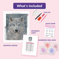 Thumbnail for Arctic Wolf 40x50cm diamond painting kit contents: adhesive canvas, color chart, tools and diamond bags