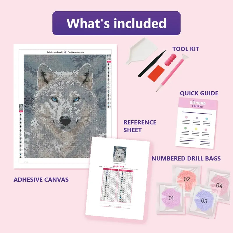 Arctic Wolf 40x50cm diamond painting kit contents: adhesive canvas, color chart, tools and diamond bags