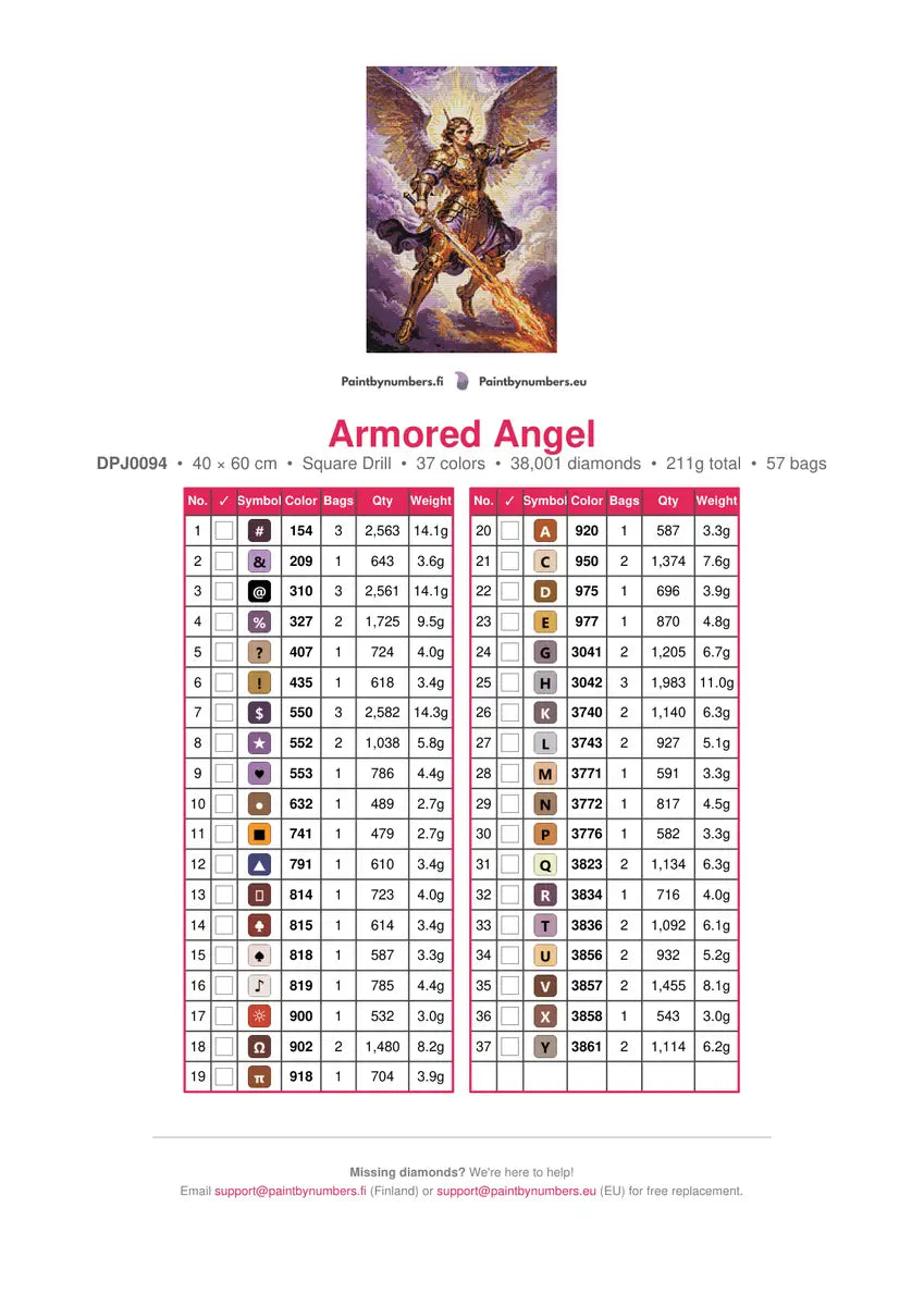 Armored Angel Diamond Painting Color Chart – 37 DMC Colors