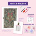 Thumbnail for What is included in the Art Deco Winter Bells diamond painting kit - adhesive canvas, reference sheet, tools and numbered drill bags