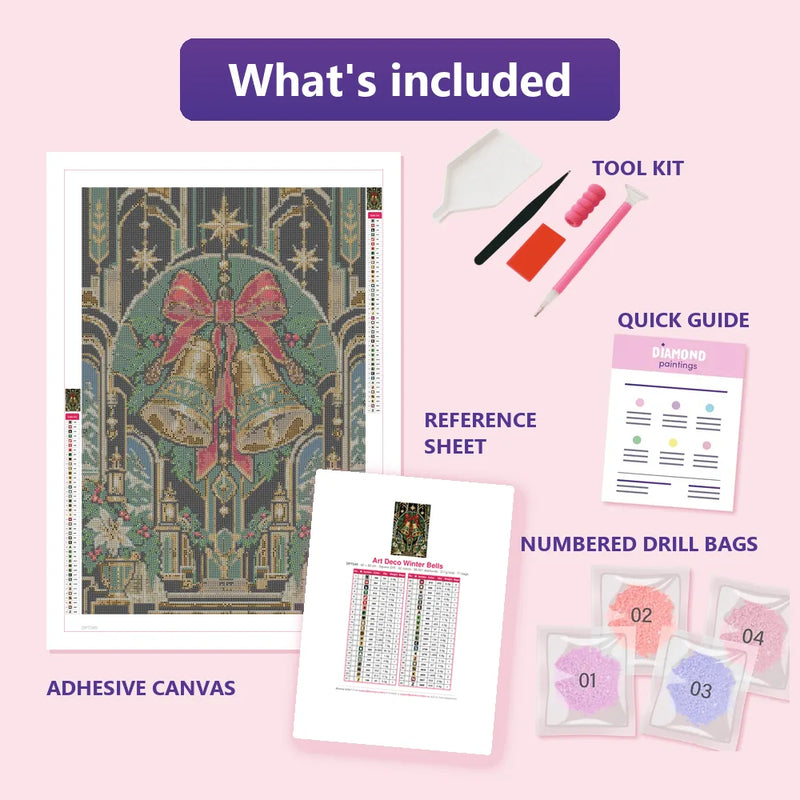 What is included in the Art Deco Winter Bells diamond painting kit - adhesive canvas, reference sheet, tools and numbered drill bags
