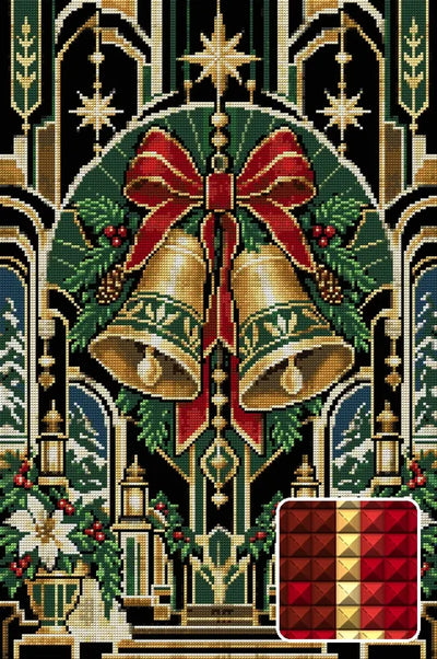 Art Deco Winter Bells, 40x60 cm diamond painting – finished design preview with a close-up of square drills