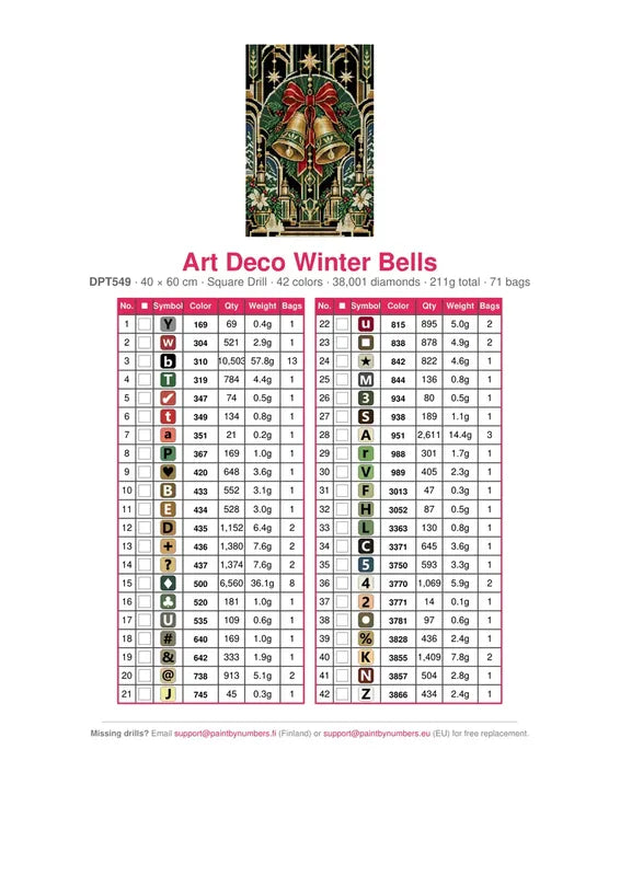 DMC color chart for Art Deco Winter Bells diamond painting - 42 colors
