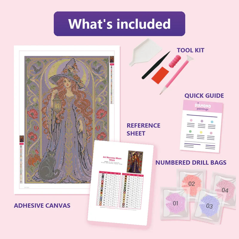 What is included in the Art Nouveau Moon Witch diamond painting kit - adhesive canvas, reference sheet, tools and numbered drill bags