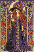 Miniatyrbild: Förhandsbild av diamantmönstret: häxa med orange hår, violett klänning, lykta och svart katt i jugendstil