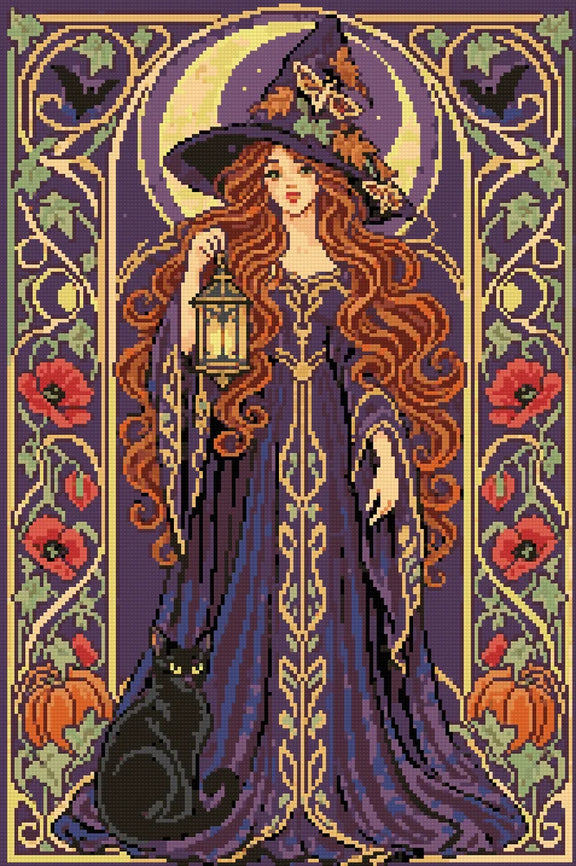 art nouveau style moon witch with a black cat and lantern, 40x60 cm diamond painting – finished design preview