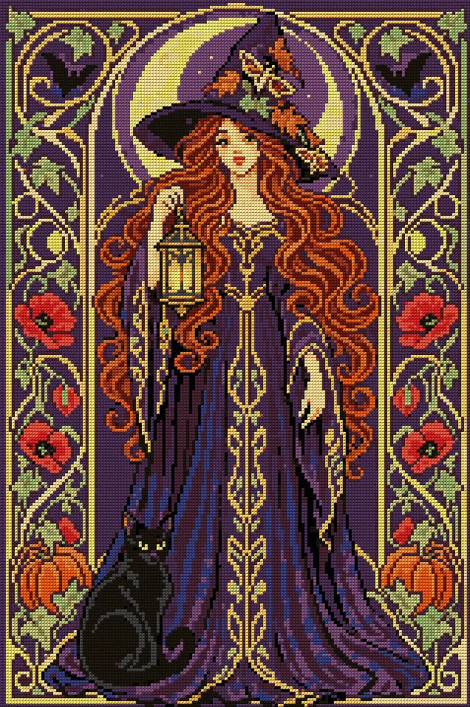 art nouveau style moon witch with a black cat and lantern, 40x60 cm diamond painting – full design preview