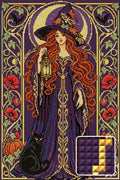 Thumbnail for art nouveau style moon witch with a black cat and lantern, 40x60 cm diamond painting – design and close-up of square drills