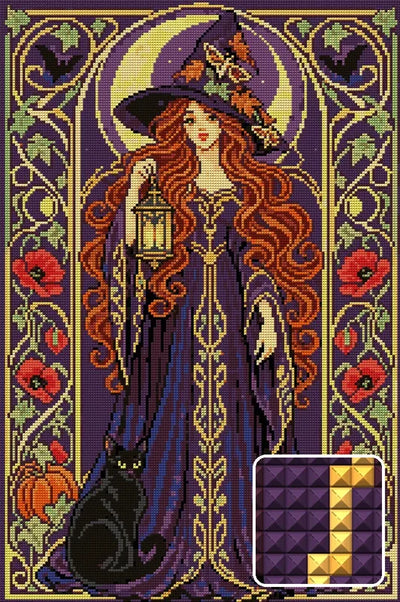 art nouveau style moon witch with a black cat and lantern, 40x60 cm diamond painting – design and close-up of square drills