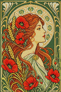 Thumbnail for art nouveau woman with red poppies, 40x60 cm diamond painting – full design preview