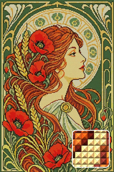art nouveau woman with red poppies, 40x60 cm diamond painting – design and close-up of square drills
