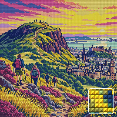 Arthur Seat Cloudbreak, 50x50 cm diamond painting – finished design preview with a close-up of square drills