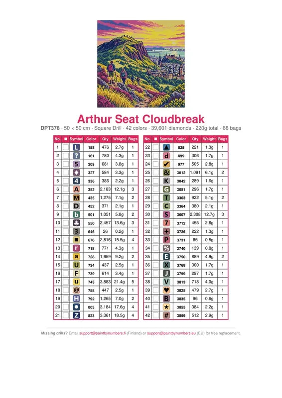 DMC color chart for Arthur Seat Cloudbreak diamond painting - 42 colors