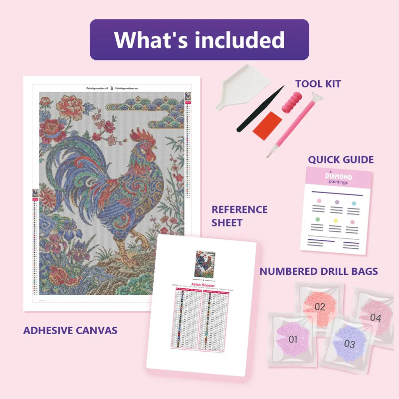 What is included in the Asian Rooster diamond painting kit - adhesive canvas, reference sheet, tools and numbered drill bags