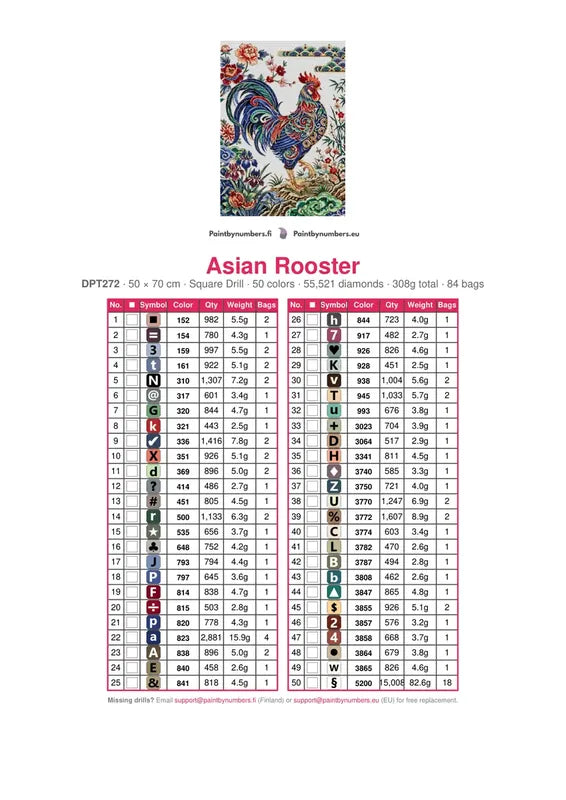 DMC color chart for Asian Rooster diamond painting - 50 colors