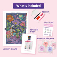 Thumbnail for Astronaut Gardener 40x60cm diamond painting kit contents: adhesive canvas, color chart, tools and diamond bags