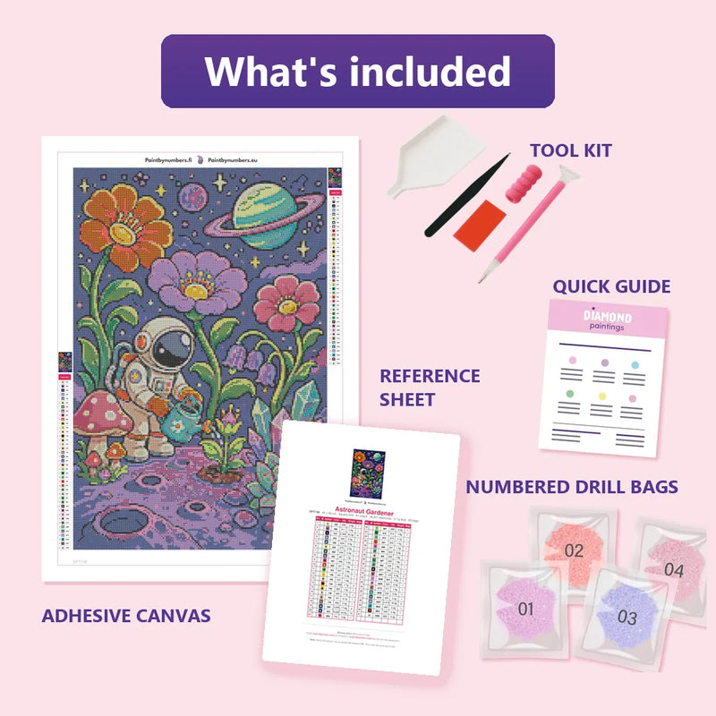 Astronaut Gardener 40x60cm diamond painting kit contents: adhesive canvas, color chart, tools and diamond bags