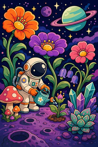 Thumbnail for Diamond painting of an astronaut in a spacesuit in a space garden among flowers and planets.