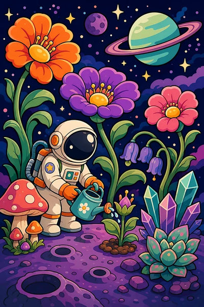 Diamond painting of an astronaut in a spacesuit in a space garden among flowers and planets.