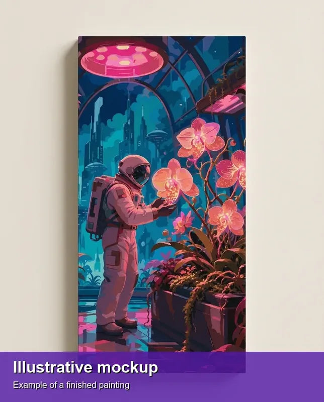 Preview image of the completed paint by numbers - Astronaut with Orchids 80x160cm