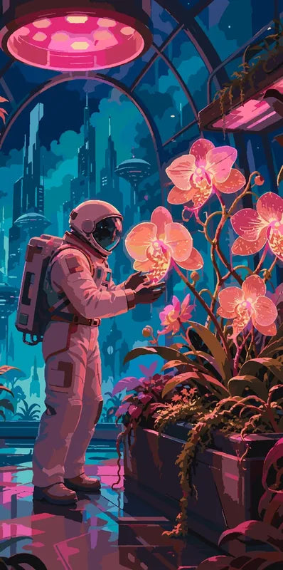 Astronaut exploring orchids in a futuristic greenhouse, Paint By Numbers