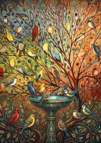 Thumbnail for Diamond painting featuring colorful birds perched on tree branches and at a birdbath