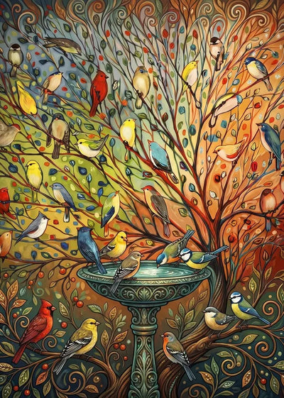 Diamond painting featuring colorful birds perched on tree branches and at a birdbath