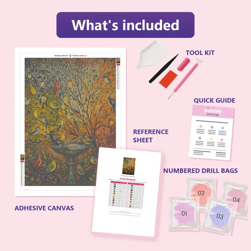 At the Birdbath 50x70cm diamond painting kit contents: adhesive canvas, color chart, tools and diamond bags