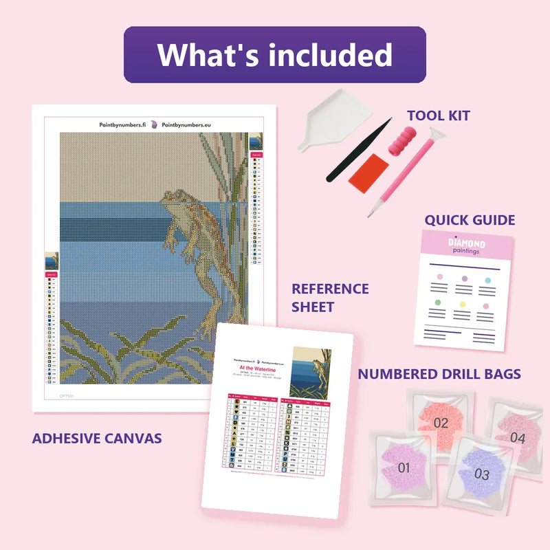 What is included in the At the Waterline diamond painting kit - adhesive canvas, reference sheet, tools and numbered drill bags