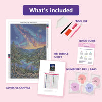 Thumbnail for Aurora Lake 40x60cm diamond painting kit contents: adhesive canvas, color chart, tools and diamond bags