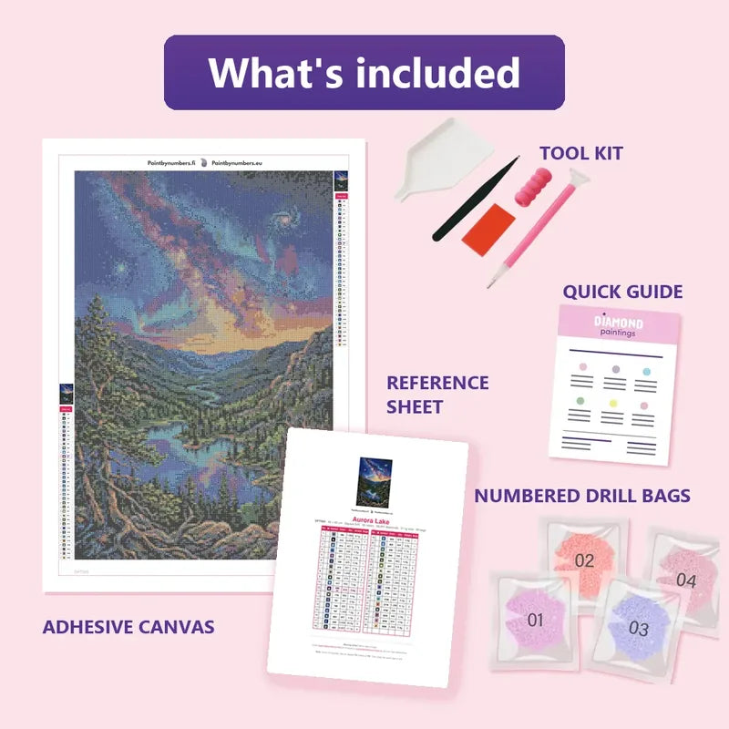 Aurora Lake 40x60cm diamond painting kit contents: adhesive canvas, color chart, tools and diamond bags