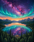 Thumbnail for Diamond painting featuring the northern lights, a starry sky, mountains, and a lake with reflections.