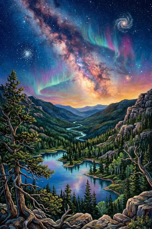 Diamond painting featuring a mountain landscape, river, northern lights, and the Milky Way at night.