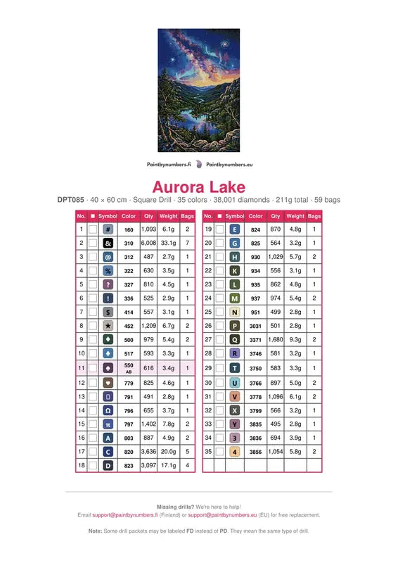 Aurora Lake diamond painting color chart – 35 DMC colors