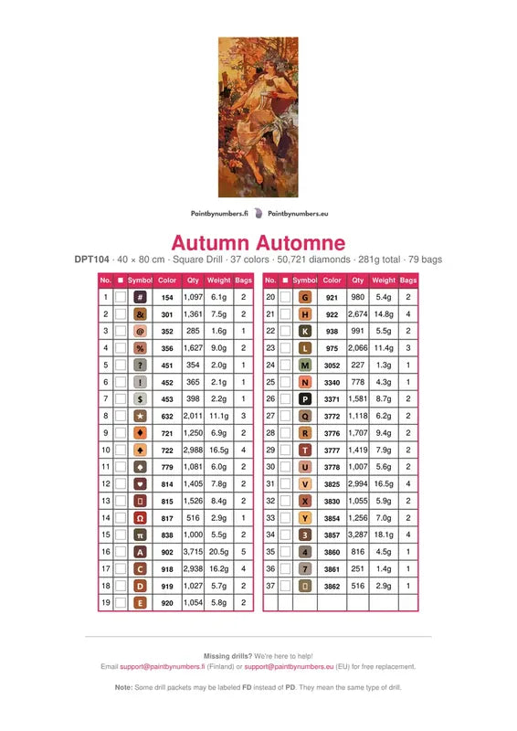 DMC color chart for Autumn Automne diamond painting - 37 colors