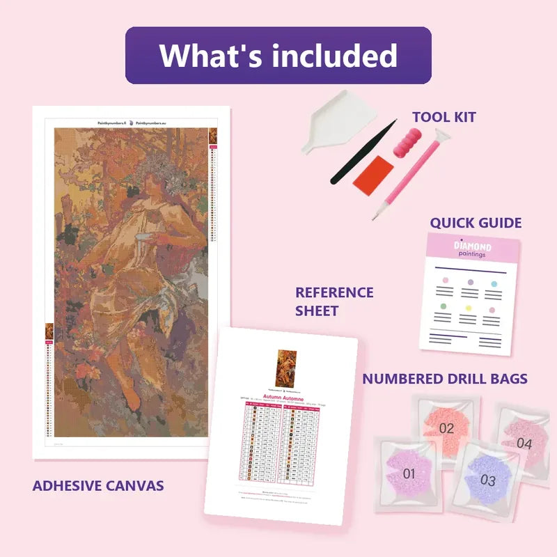 Autumn Automne 40x80cm diamond painting kit contents: adhesive canvas, color chart, tools and diamond bags