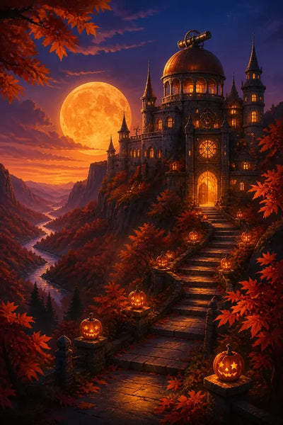 Diamond Painting with a grand castle, jack-o'-lanterns, and a full moon in an autumn landscape.