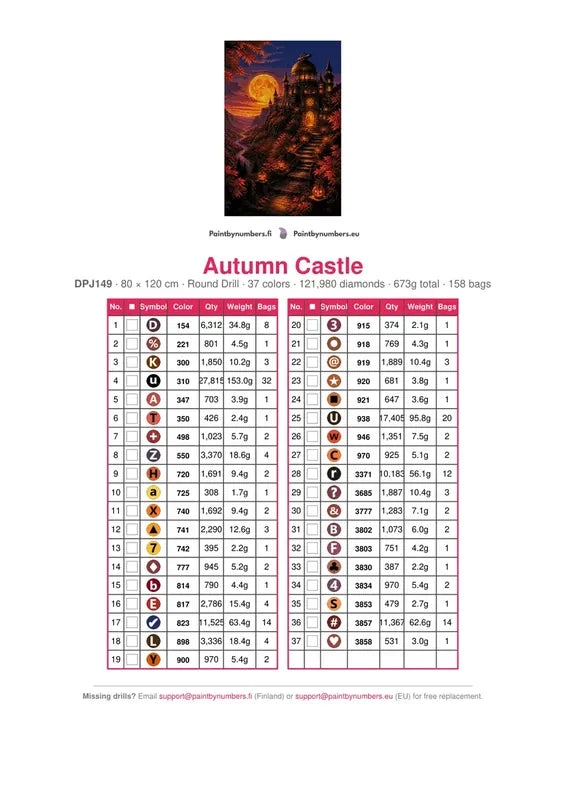 DMC color chart for Autumn Castle diamond painting - 37 colors