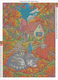 Thumbnail for Diamond painting adhesive canvas preview - Autumn Cat and Cozy Cottage