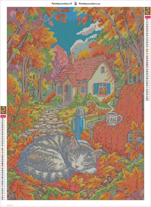Diamond painting adhesive canvas preview - Autumn Cat and Cozy Cottage