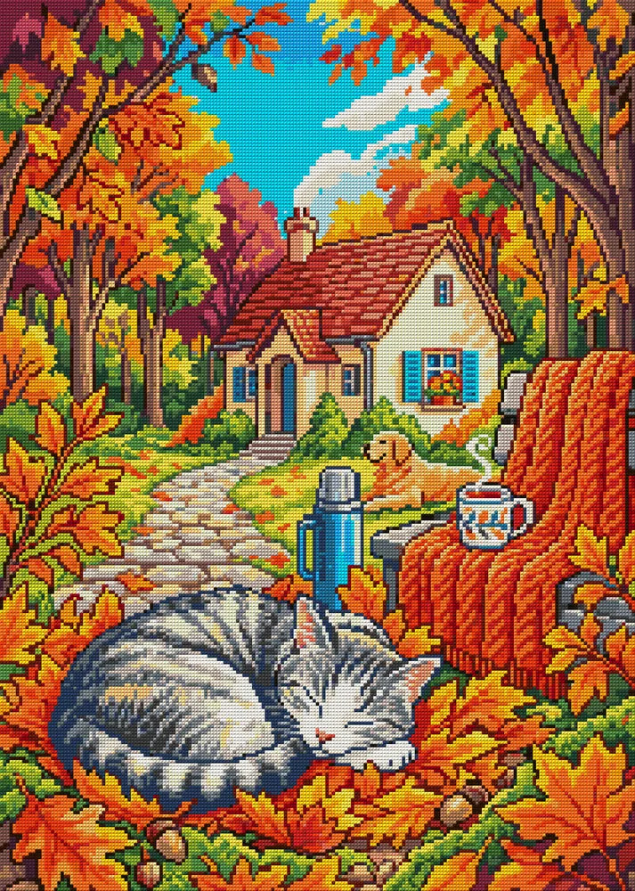 Autumn Cat and Cozy Cottage, 50x70 cm diamond painting – full design preview without the close-up inset