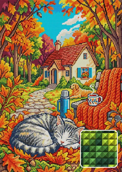 Autumn Cat and Cozy Cottage, 50x70 cm diamond painting – finished design preview with a close-up of square drills