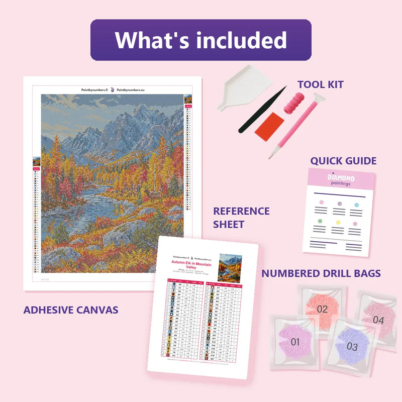 What is included in the Autumn Elk in Mountain Valley diamond painting kit - adhesive canvas, reference sheet, tools and numbered drill bags
