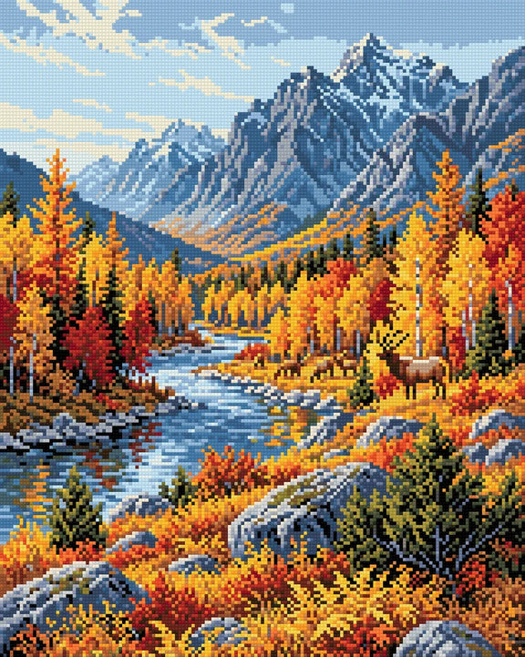Förhandsbild: älg i en höstlig bergsdal med flod, färgade lövträd och snöklädda toppar