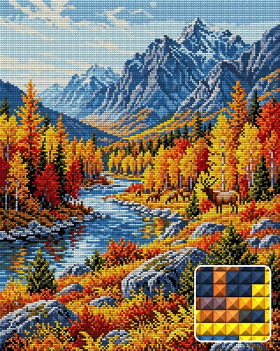 Autumn Elk in Mountain Valley, 40x50 cm diamond painting – finished design preview with a close-up of square drills