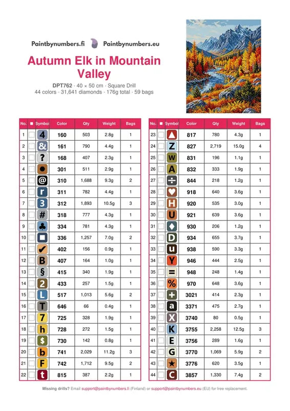 DMC color chart for Autumn Elk in Mountain Valley diamond painting - 44 colors