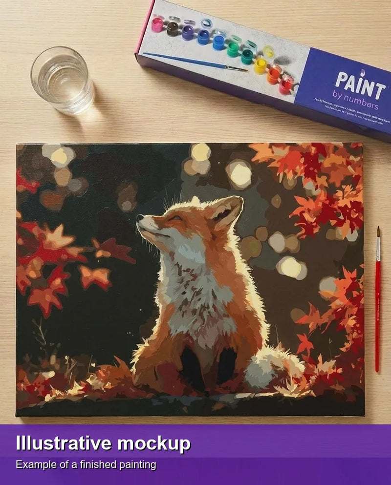 Finished paint by numbers mockup - Autumn Fox Serenity 50x40cm